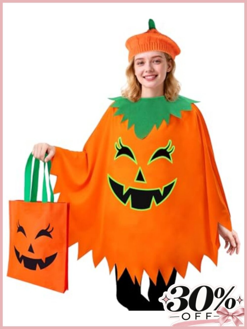 Glow in the Dark Pumpkin Costume for Women, Adult Halloween Poncho with Hat &